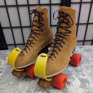Vintage Riedell Suede Roller Skates Mens Tan Lace Up Toe Stops Red Wheels Sz 9